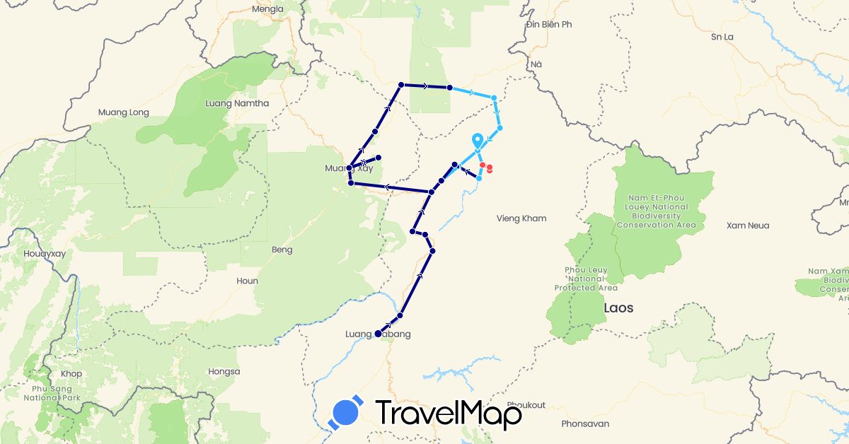 TravelMap itinerary: driving, hiking, boat in Laos (Asia)